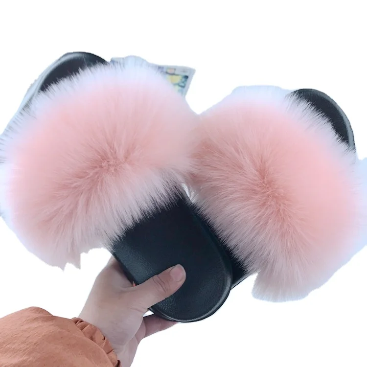 
wholesale kids fur furry slides faux fox fur slippers logo custom women fur slides slippers 