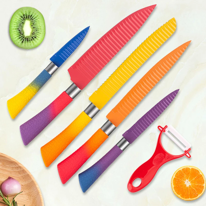 Excellent Quality Gradient Color Horseshoe Handle Sharpener Serrated Steak Knives Stainless Steel Kitchen Knife Set for Cooking