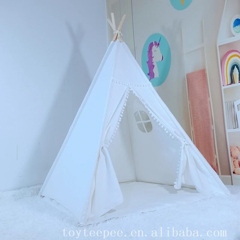 Ins Style Indoor Kids Home Play Teepee Tent Princess Room Game Tent White Cotton Canvas Indian Tent with mat