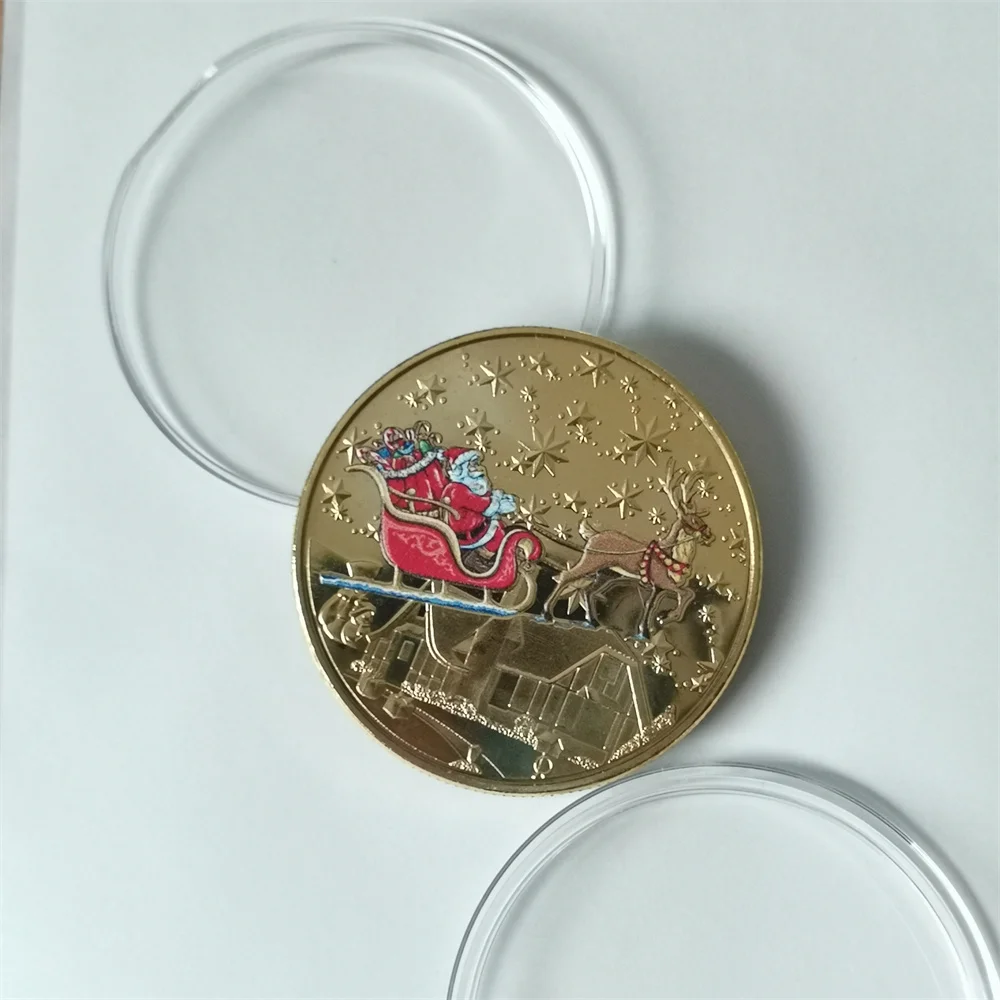 Ready To Ship Christmas Design Zinc Alloy Brass Metal Enamel Gold Silver Metal Souvenir Coins Challenge Coins With Box Packing