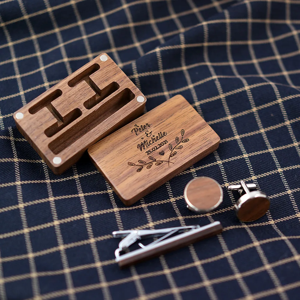 Factory Black Walnut Classic Business Square Black Brush Cufflinks Set Custom Cufflinks Tie Pin and Cufflink