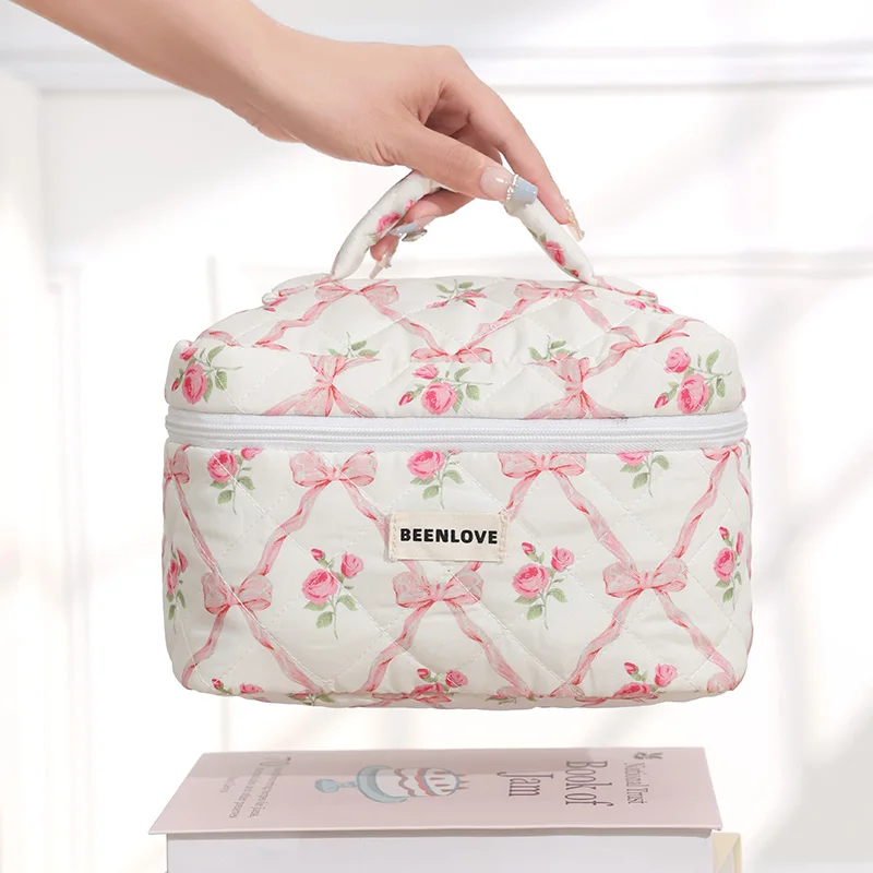Cute Pink Quilted Travel Storage Bag Women Portable Wash Clutch Purse Handbags Zipper Cosmetics Make Case Quilting Mommy Bag