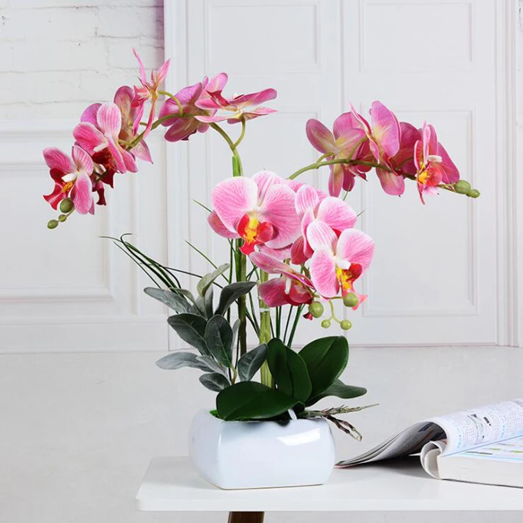 High Quality Artificial Orchid Latex Silk Flowers Bonsai Home Decorative Phalaenopsis Orchid Real Touch Plant Orchid Pot Set