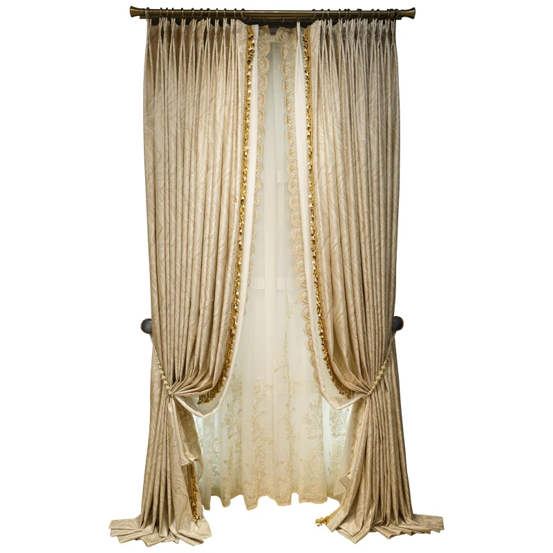 European-style high-end light brown flannel curtains beige embroidered villa shading custom curtains
