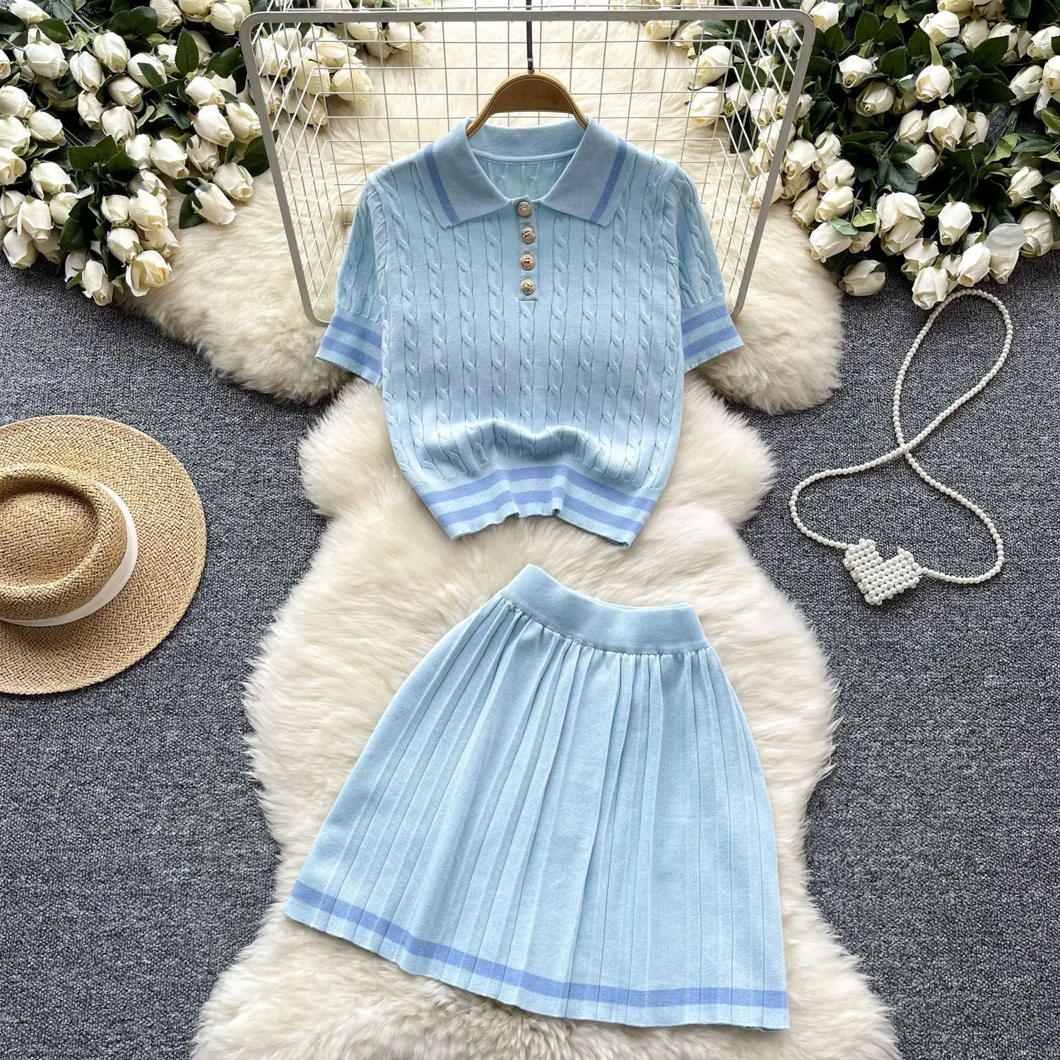 High-Waisted Pleated Skirt With Striped Knit Match for a Refreshing Look Blouse With Dresses Women 2 Piece Clothes Outfits
