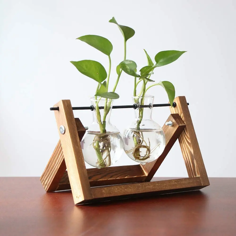 Plant Terrarium with Wooden Stand, Air Planter Bulb Glass Vase Metal Swivel Holder Retro Tabletop