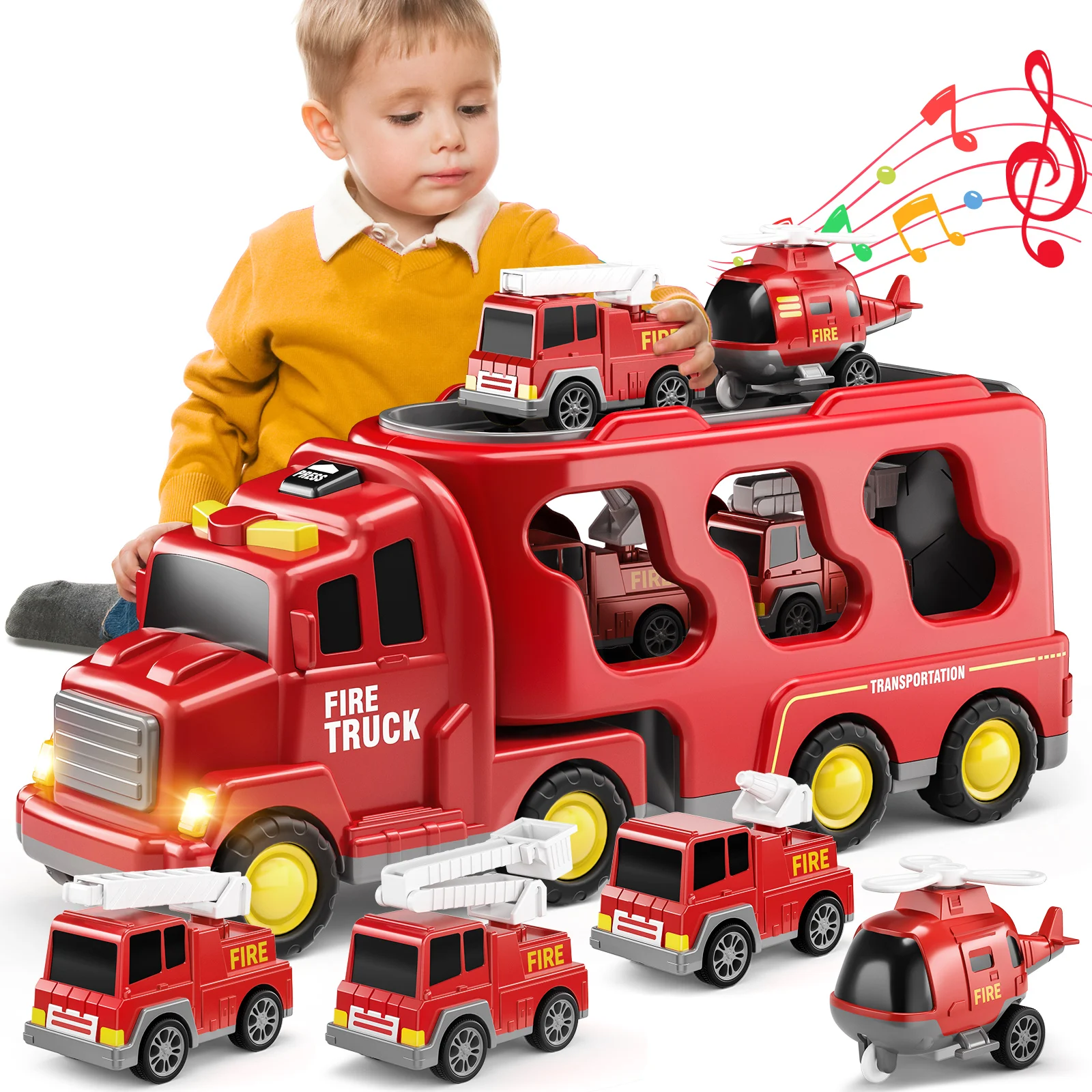 2024 Hot selling inertial lighting music transport car, 5 in 1 storage double-decker truck, urban fire engineering toy car