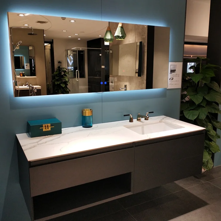 Artificial stone bathroom cabinet  wash basin and MDF bathroom Vanity with led smart mirror