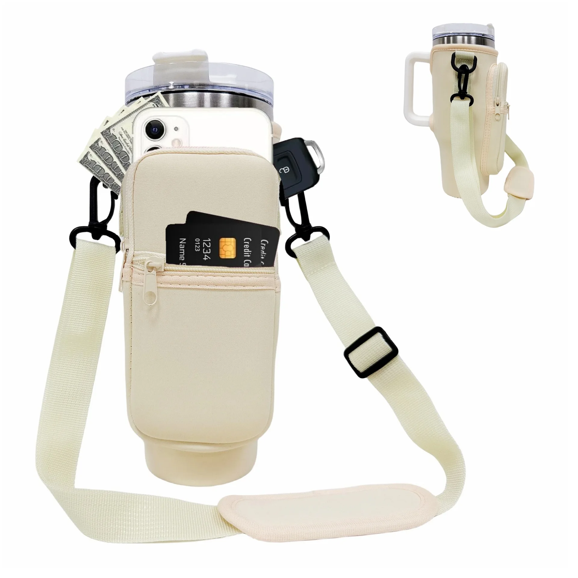 Sleeve pouch tumbler cup holder sling bag with phone pocket Adjustable strap neoprene 40oz water bottle carrier bag