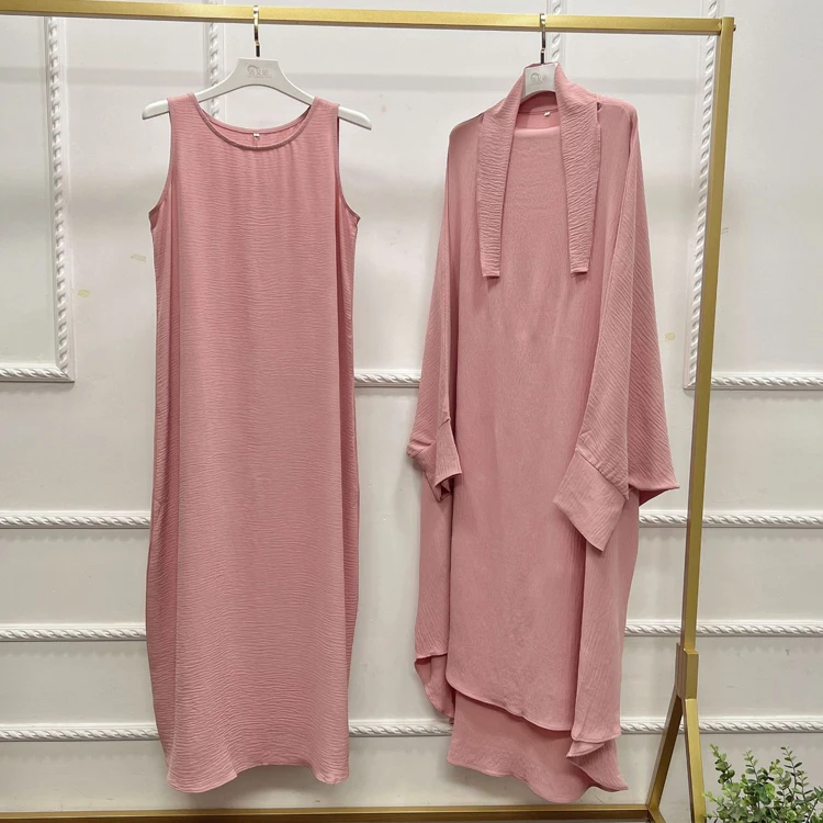 Dubai Jazz Crepe Long Sleeve Khimar Dress Jilbab Two Piece Set Islamic Muslim Women Turkey Middle East Solid Prayer Robe Caftan