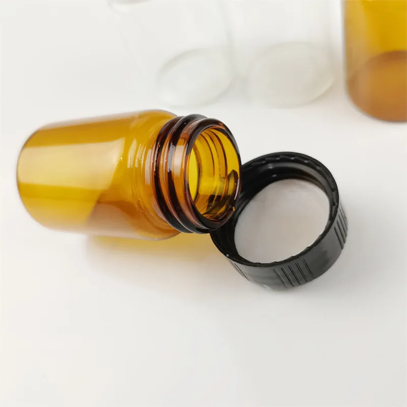 15ml small clear glass pill bottle wide mouth for tablet pharmaceutical round glass amber medicine bottle with black screw lid
