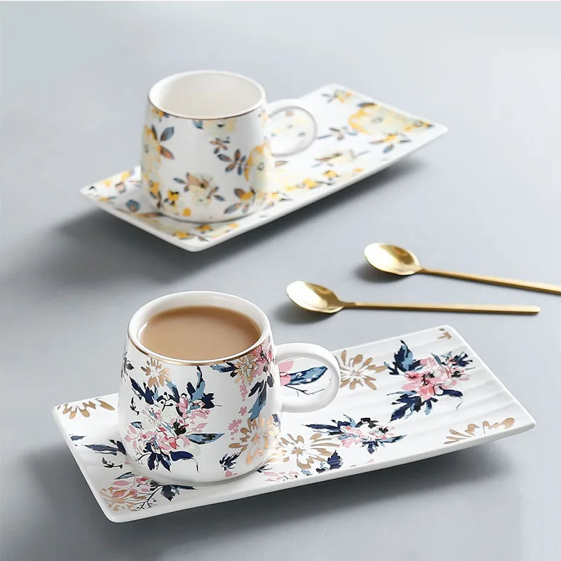 Wholesale Porcelain Coffee Mug Set Vintage Ceramic Breakfast Cup with Tray and Spoon