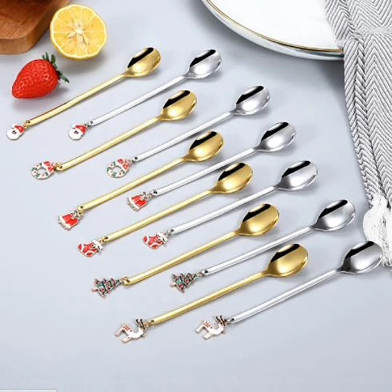 New Colorful Christmas golden spoon stainless steel cutlery set Coffee dessert spoon small spoon With Pendant