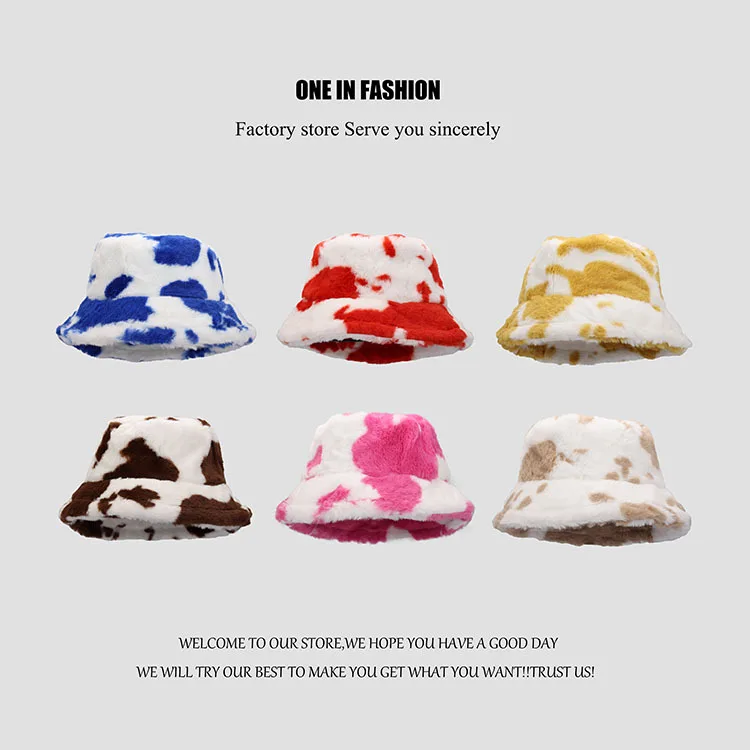 Europe  fashionable cow pattern plush retro fisherman hat thick warm hat in autumn and winter Korean female Joker basin hat
