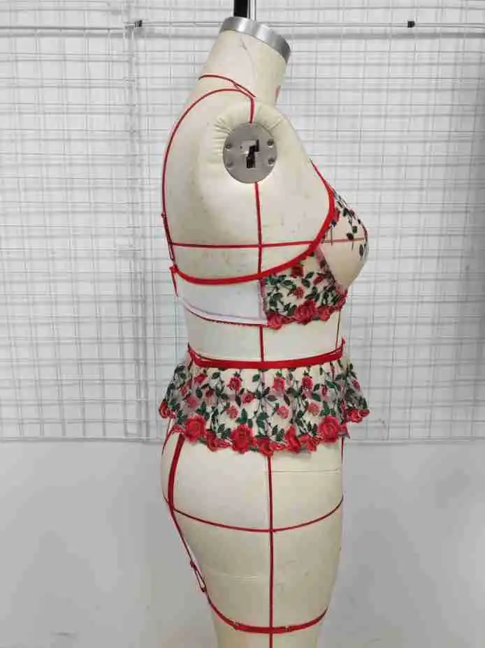 4XL Large Size Romantic Rose Flower Embroidery Ladies Sexy Lingerie Set Pleated Mini Skirt Garter Set