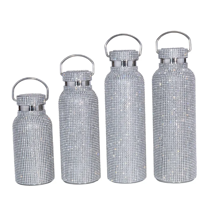 Luxury Diamond Water Bottle with Back Chain Wide Mouth 304 Stainless Steel 24oz 32oz Thermal Crystal Glitter Bling Water Bottles