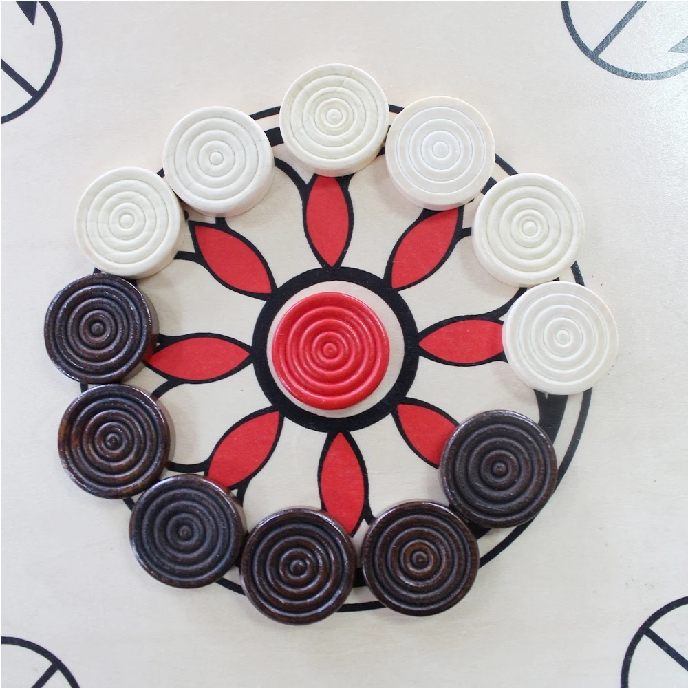 Wooden Carrom and Sling Puck in One Board 4-player game 26 x 26 Inch Strike and Pocket Game with Cue Sticks