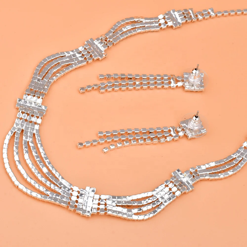 Wholesale Trendy Silver Rhinestone 5 Layer Jewelry Women Necklace & Earring