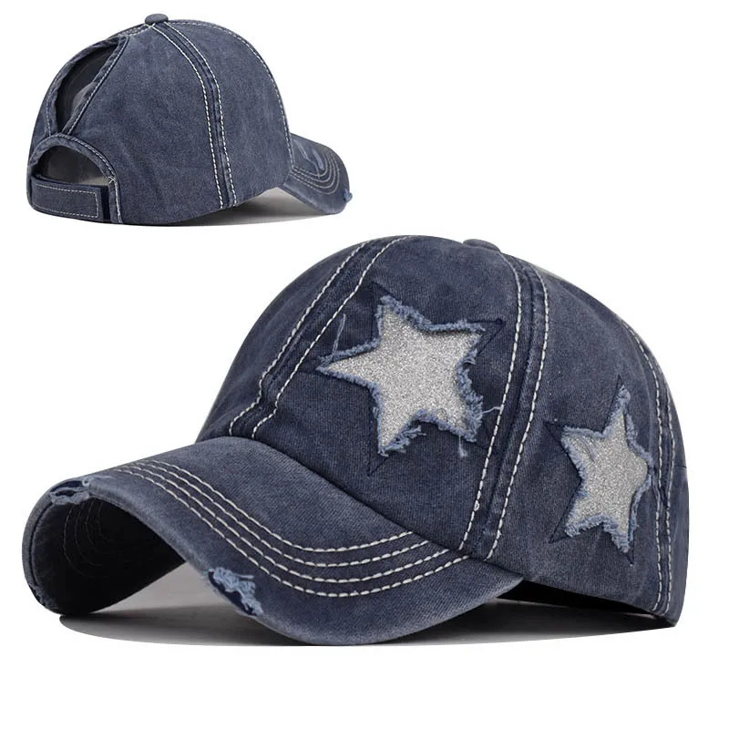 Custom High Quality Adult Baseball Hats Sequin Stars Hole Pentagram Baseball Cap