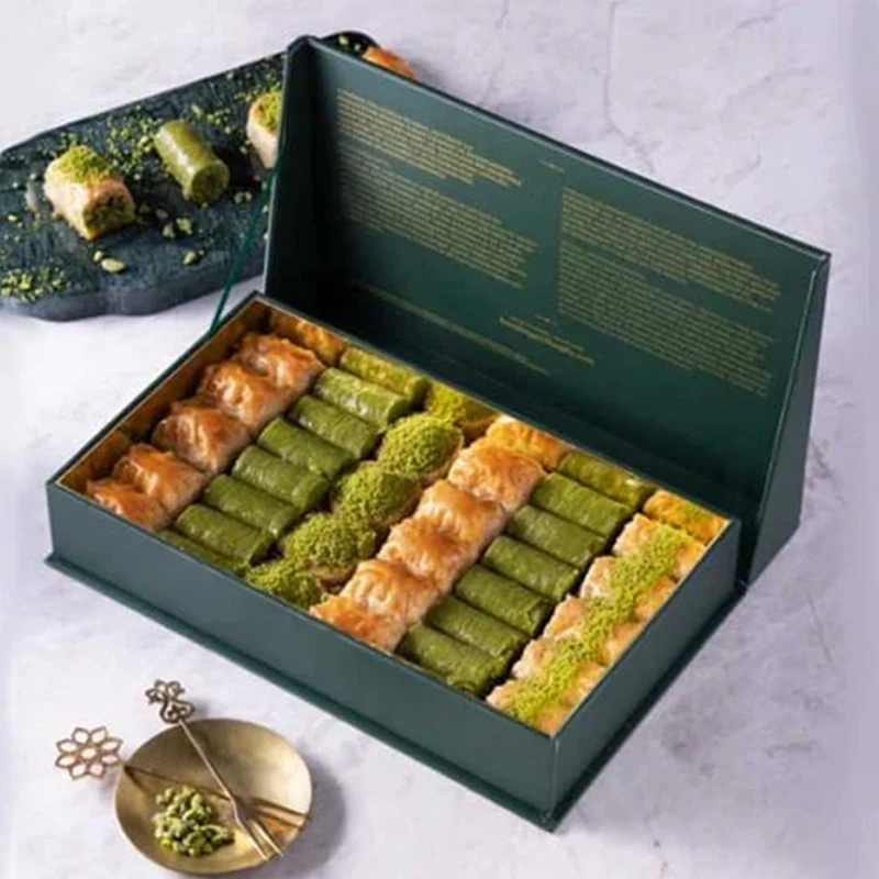 custom Saudi Arabia Walnut Ramadan Assorted Roll Elegant dessert Box Golden Small Boutique Sweets Premium Baklava chocolate Box