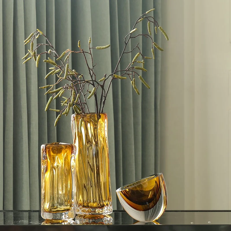 Bixuan Handmade Mouthblown Art Glass Vase Ripple Layering Amber Solid Color Table Decor Centerpieces Thick Glass Vase, 14cm