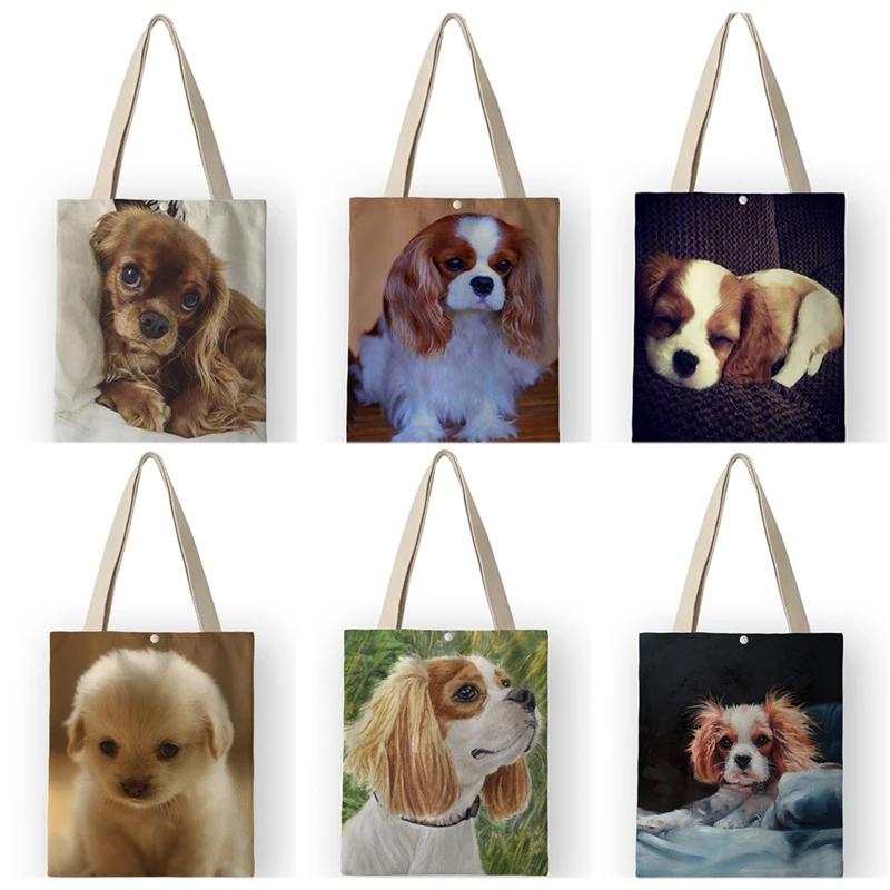 Womans Canvas Bags Design Fashion 2021 Lady Handbags Charles Spaniel Dog Prints Shopping Bag Big Capacity Shoulder Bag
