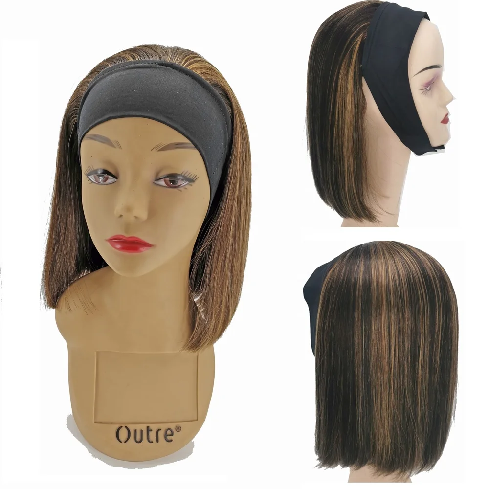 Straight Bob Headband Wigs Human Hair Wigs Brazilian Remy Hair Brown Color with Blonde Highlights Glueless Wig for Black Women