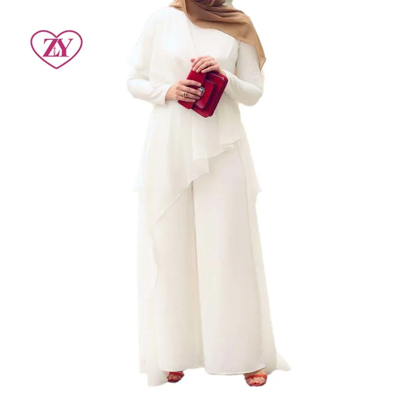 White Muslim Jumpsuit Easy-wearing with Waist Belt Embellished Stones Modest Islamic Attire Gown Abaya Hijab Dresses Not Lined