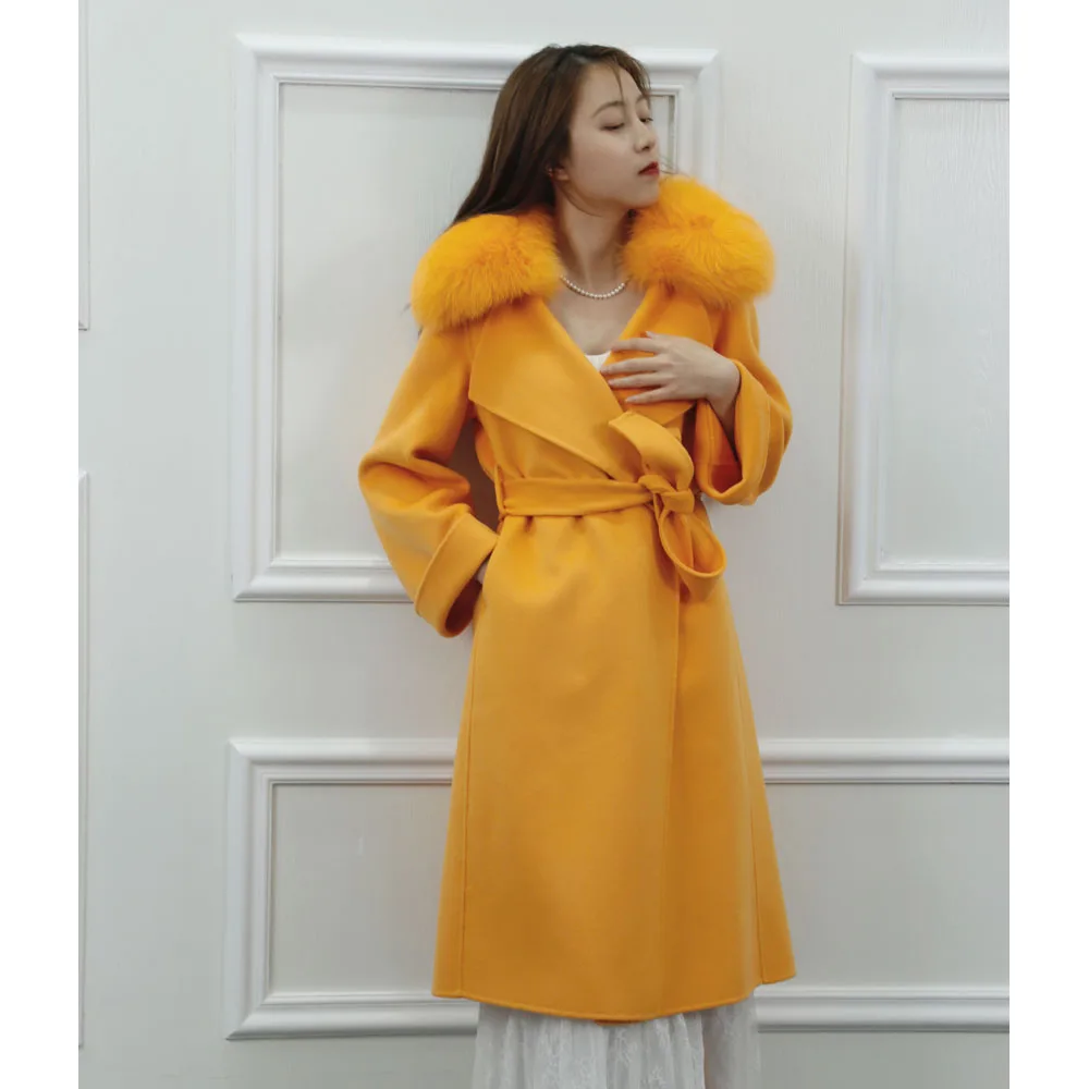 New Arrival 90% Wool 10% Cashmere Coat For Women With Fox Fur Collar