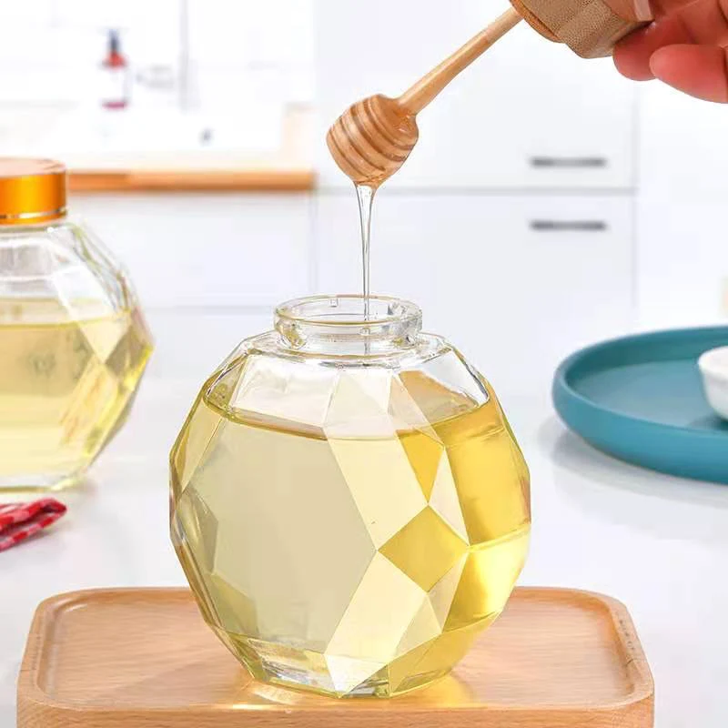Unique Design 200 ML Glass Honey Jar Diamonds Hexagonal Container Pot With Wooden Stick Spoon Packaging Bottle