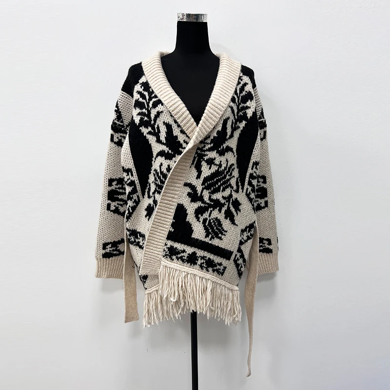 2024 Nordic style jacquard knit coat for women Winter Warm Fringe cardigan  Mid-sleeve Belted Waist Feature sweater for women