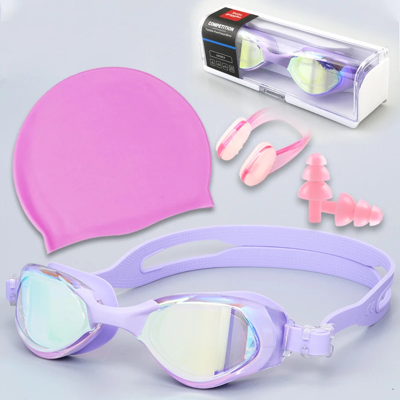 Wholesale Swim Cap and HD Waterproof Glasses 4 Piece Sets Include Earplugs Nose Clip Swimming Custom Adult Swim Set