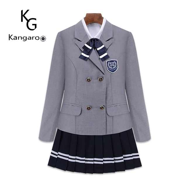 Three Pieces School Girls Uniform Lapel Double Breasted Pleated Skirt Suits