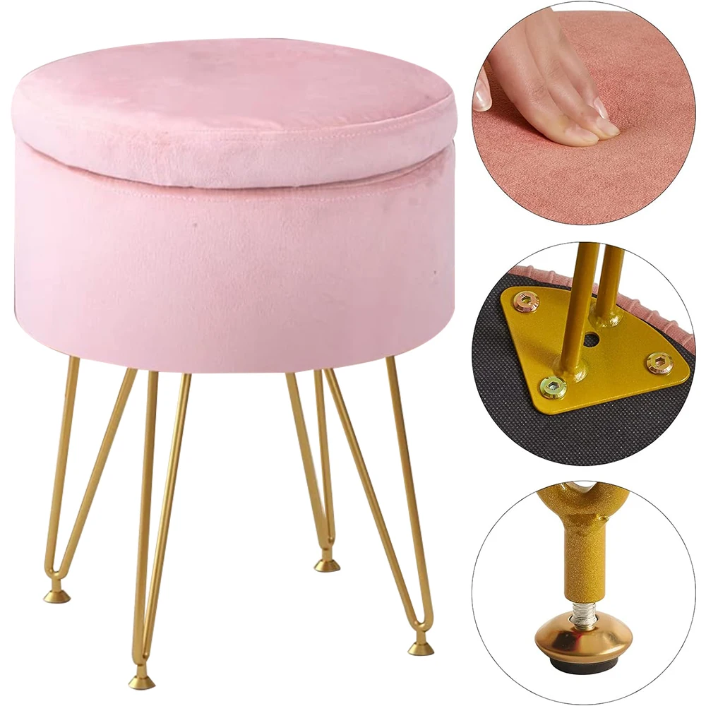 Vanity Seat Bedroom Makeup Pouffe Piano Chair Salmon Pink Velvet Furry Modern Accent Stools