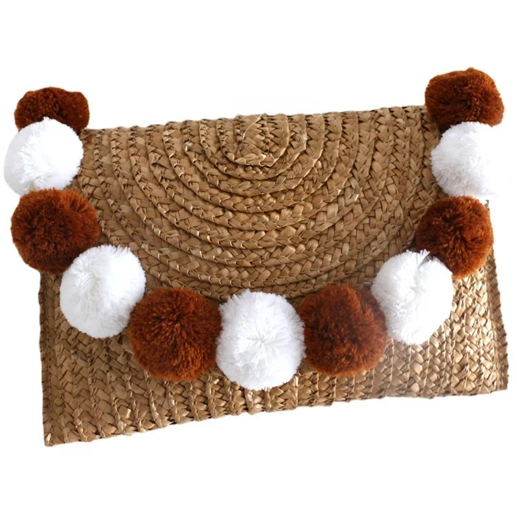 women wheat straw hand tote purses clutch bag and handbags with plush fur ball