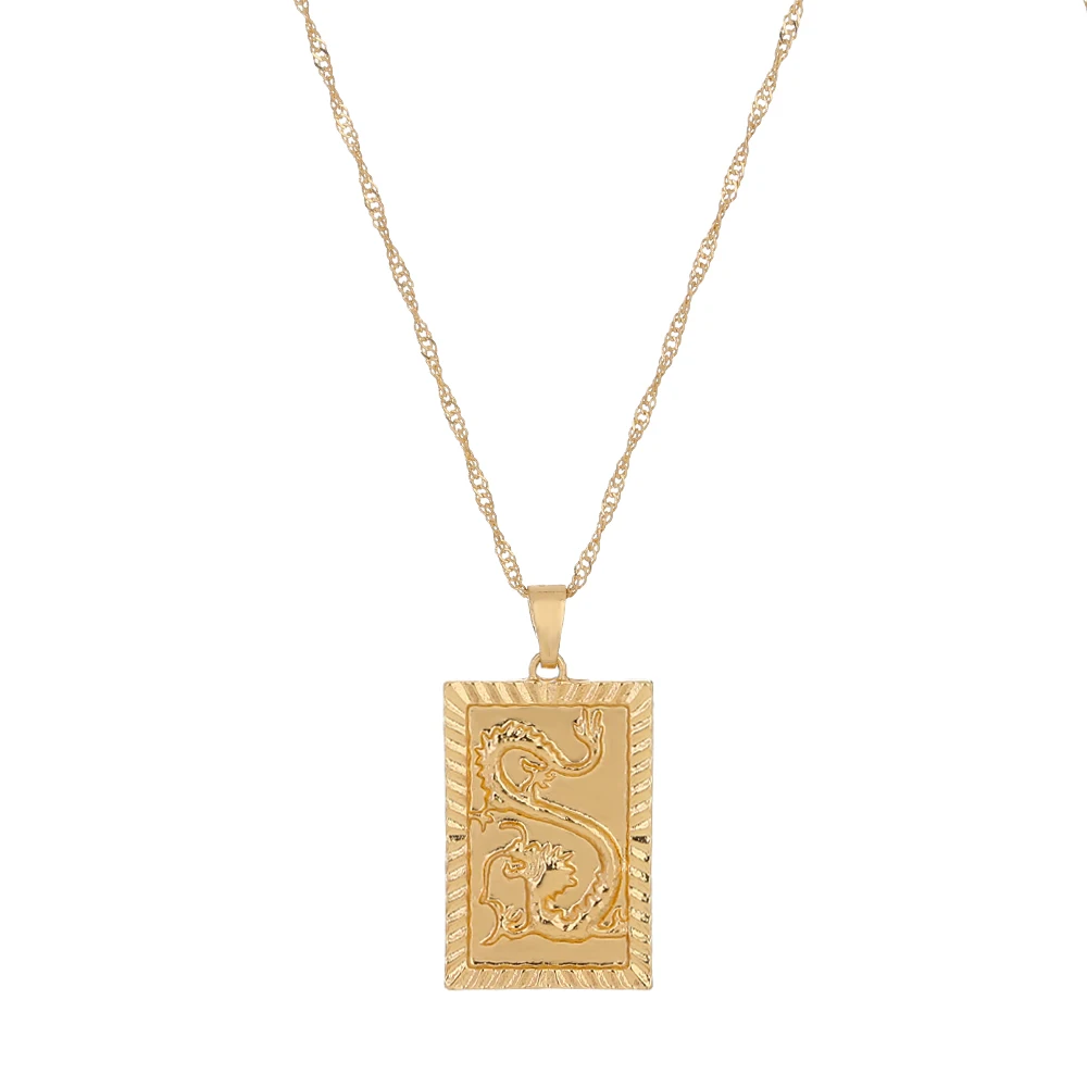 Vintage Designer 18K Gold Chain Dragon Necklace Jewelry Choker Engraved Square Pendants For Necklace Men Women
