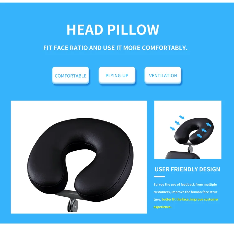 Kisen Black 3-Section Multipurpose Massage Bed Spa Salon Facial Tattoo Chair Hydraulic Stool Removable Headrest Facial Cradle