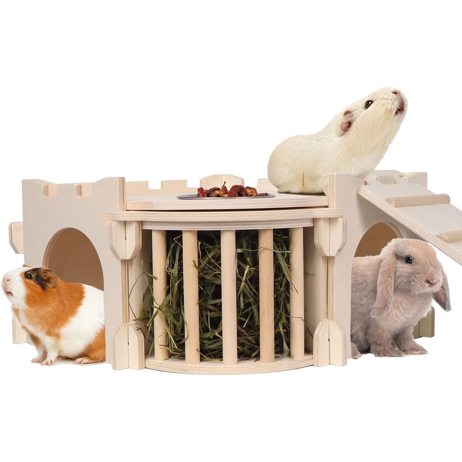 Natural Small Animal Hideout with Ladder Hay Feeder Large Guinea Pig Castle Cage