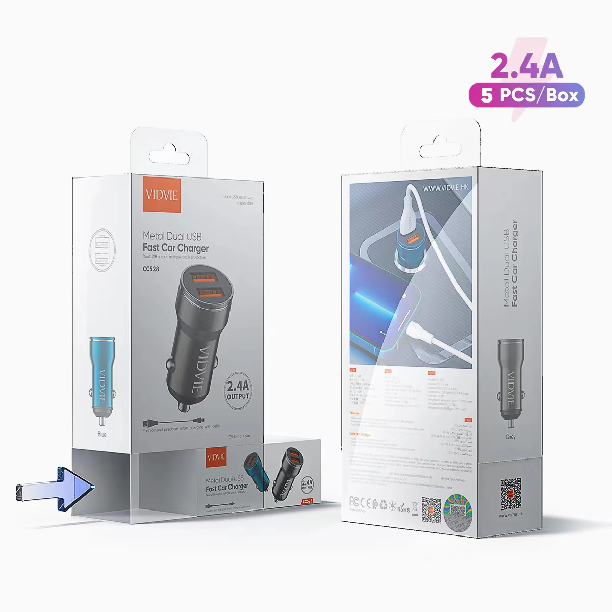 VIDVIE Aluminum High Quality Cheap Two Ports USB 2.4A Car Charger Adapter For iPhone Android Phone