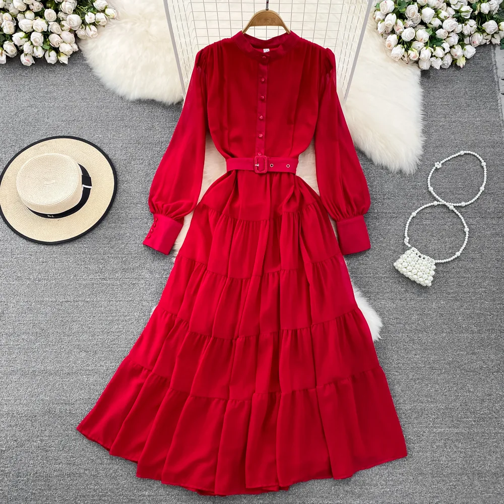 Dress Women Vintage Style Long Sleeve Round Neck Fashion A-line Ruffle Dress Elegant Large Swing Long Casual Dress