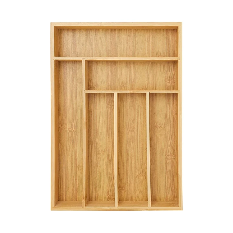 Clear 6 slots compact kitchen utensil silverware drawer storage bamboo cutlery tray organizer, bamboo silverware organizer