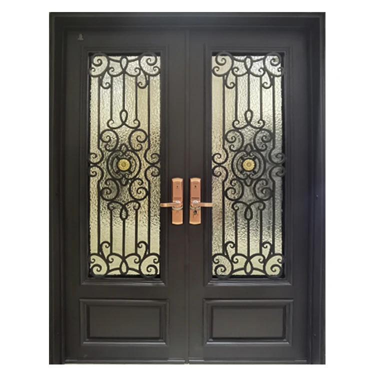 Exterior Metal Double Door Design Luxury Modern American French Style Black Wrought Iron Storm Security Front Entry Doors