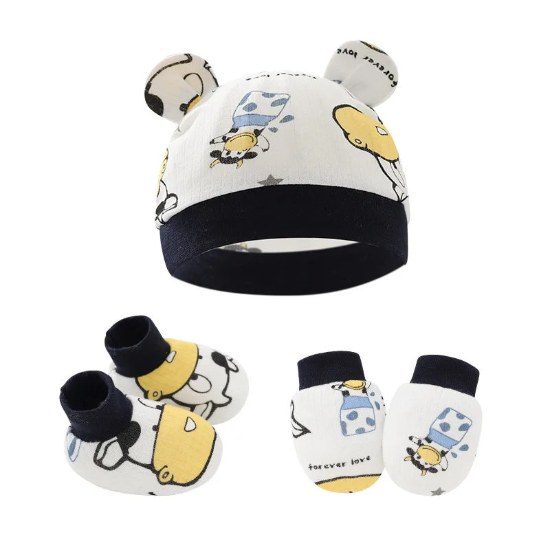 Soft Cotton Newborn Baby Hat Mittens Booties Set Printed Infant Hospital Hat 3pcs Set