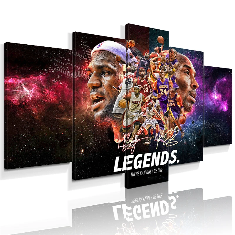 5 panels set NBA Basketball Superstar Lebron James & kobe bryant pic painting canvas wall art print for living room decor