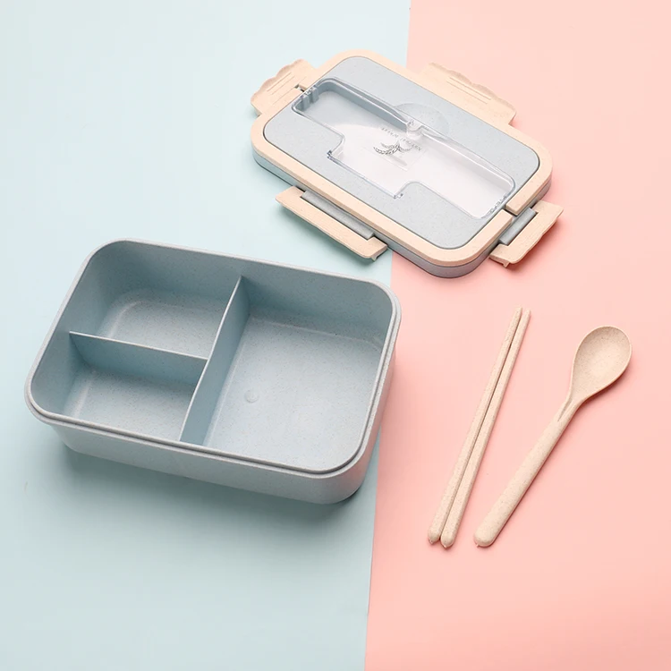 Hot Sell Wheat Straw Plastic Food Container Lunch Box with Chopsticks And Spoon