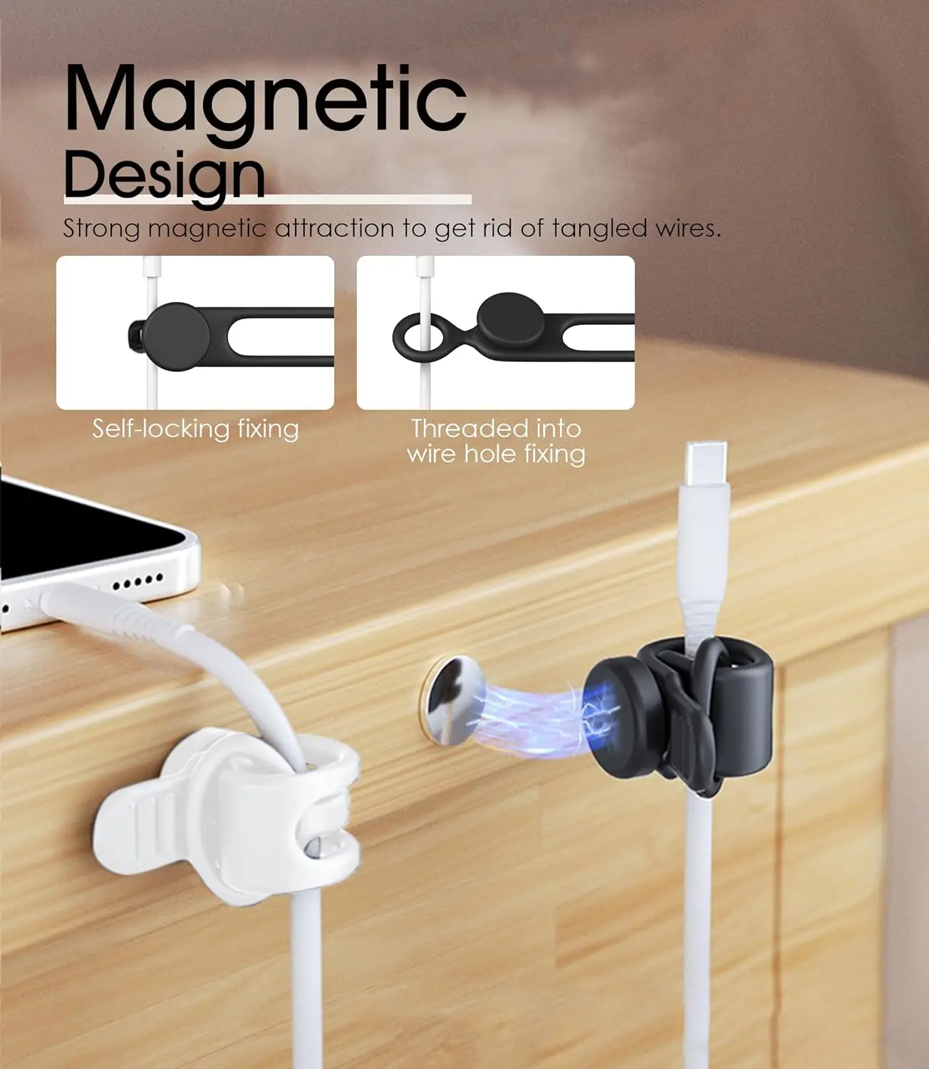 Silicone Magnetic Cable Ties clip Wire Ties Management with Lock Buckle Elastic Adjustable Charger Cable Strap Tie