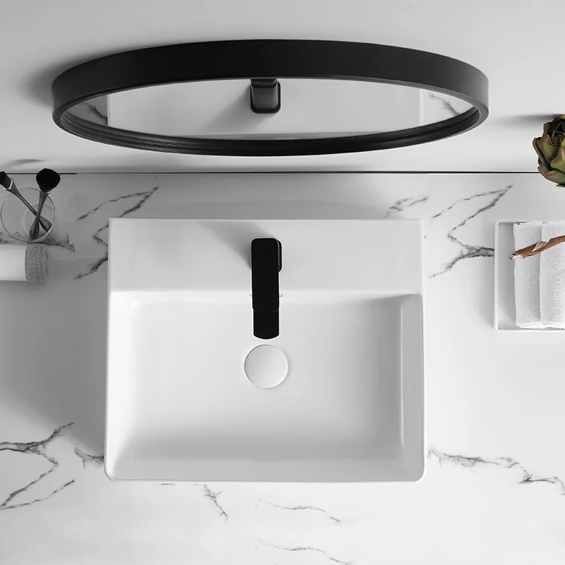 Popular design lavabo white rectangular countertop sink solid surface wash basin ceramic bathroom vessel sink