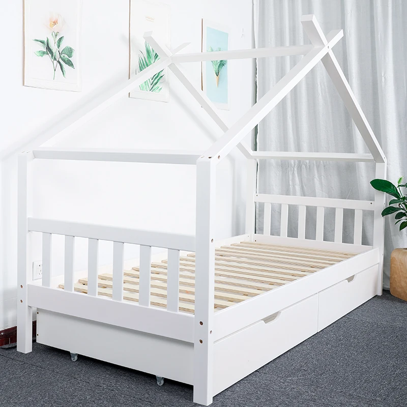 Wooden White Baby House Bed with Drawer Tree House Bunk Bed