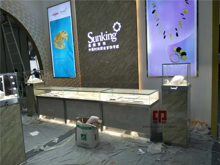 Gold Jewelry Cabinet Jewelry Show Glass Display Cabinet Customization Stone Texture High End Jewelry Showcase