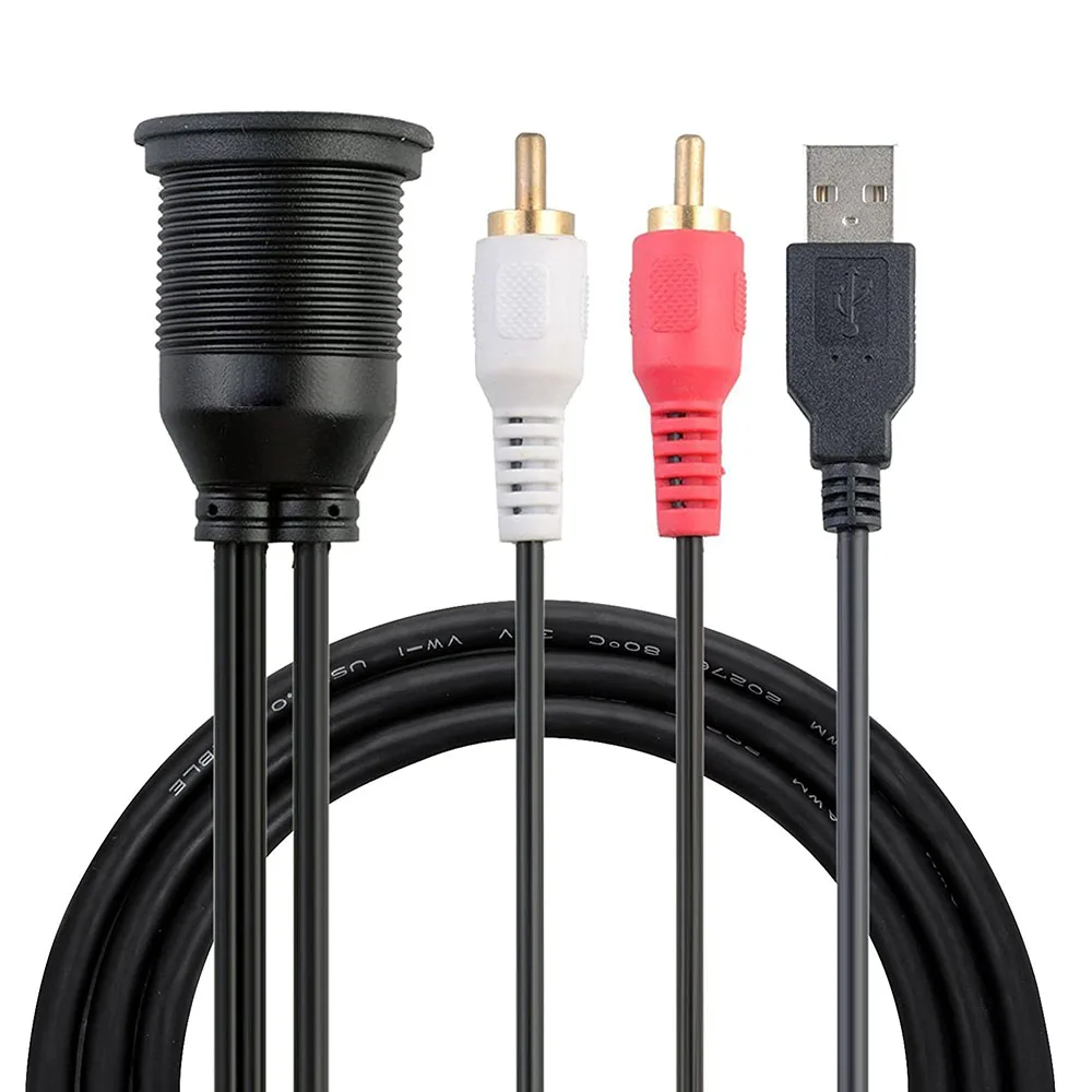 USB 3.5mm to USB 2 RCA auxiliary Flush Mount Dash Extension Cable with Mounting Bracket